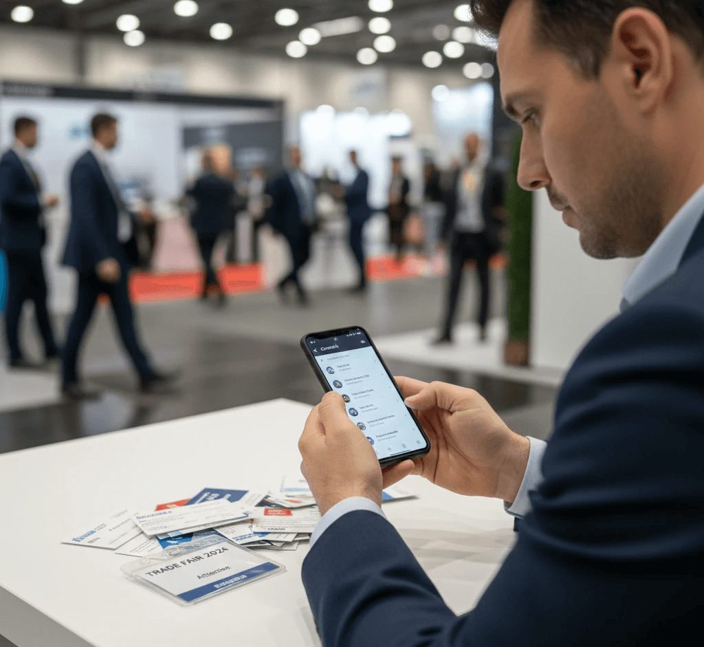 Trade show professional scanning business cards and trade show badges at IIGF 2026 using Habsy business card scanner to capture apparel leads and enable fast Day-1 follow-ups after the New Delhi event.