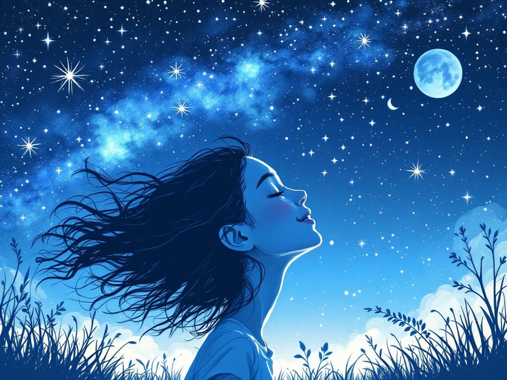 A girl with long hair looks up at the night sky filled with stars and a moon.