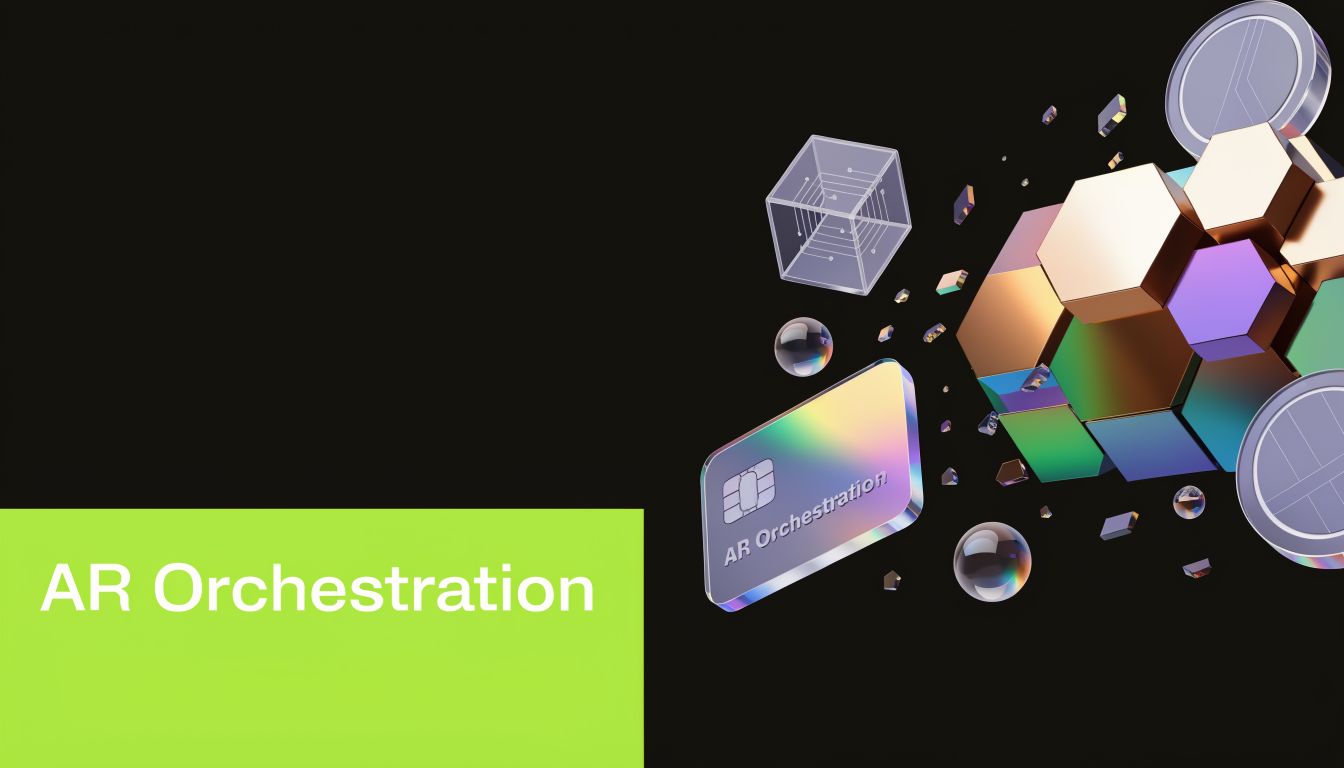 A 3D graphic featuring a payment card with the text AR Orchestration surrounded by abstract geometric shapes.