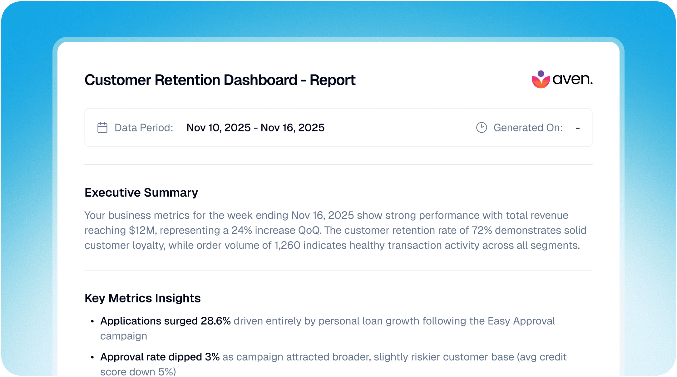 Automated report builder generating scheduled analytics reports and downloadable presentations