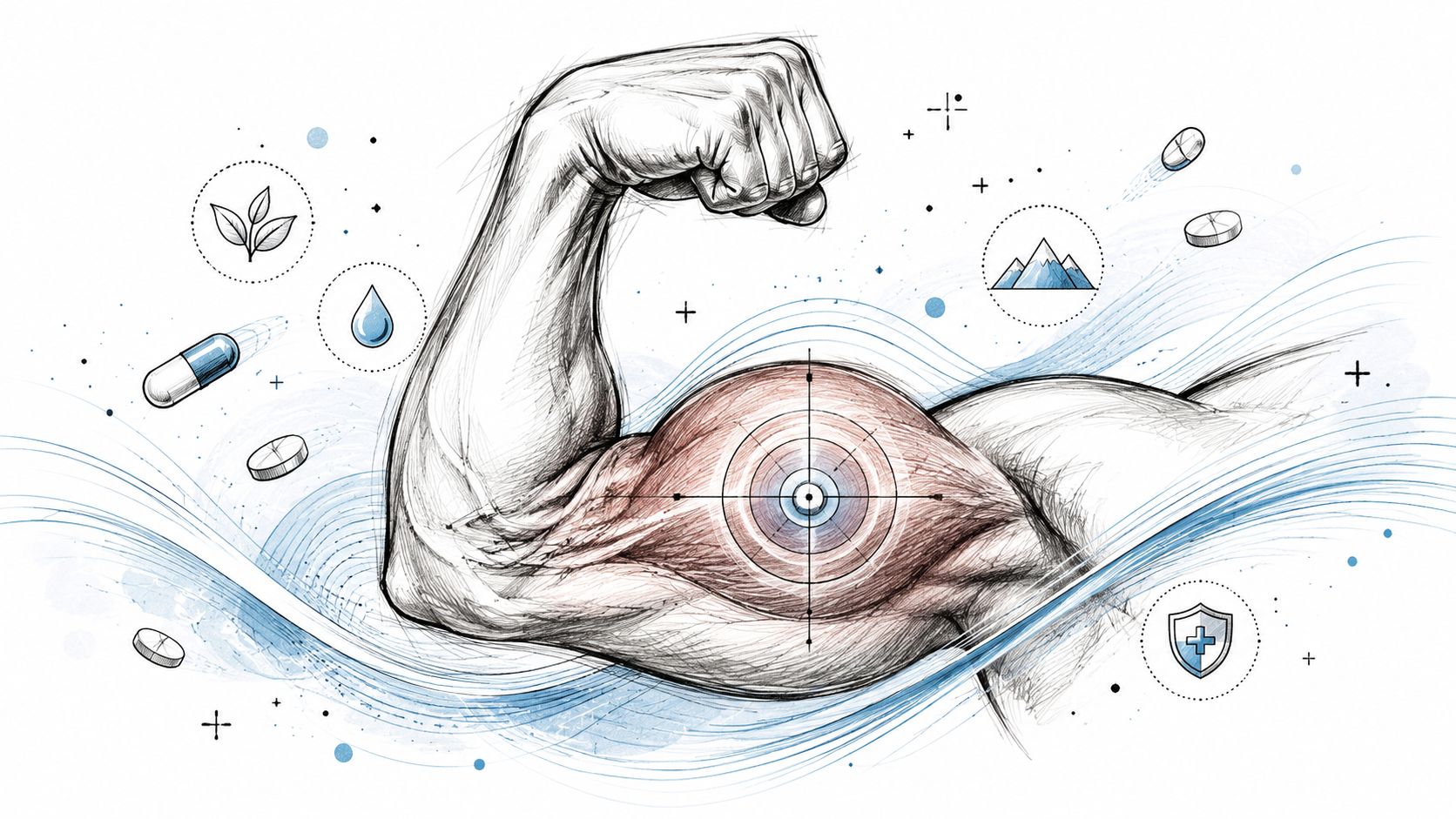 A pencil sketch of a muscular arm with a target symbol on the bicep surrounded by supplement icons.