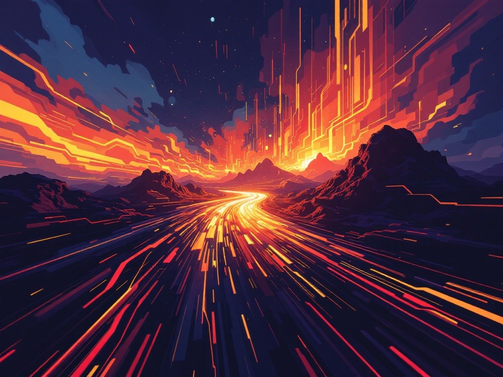 A digital painting of a road leading through a mountain pass at sunset, with streaks of light resembling data streams.