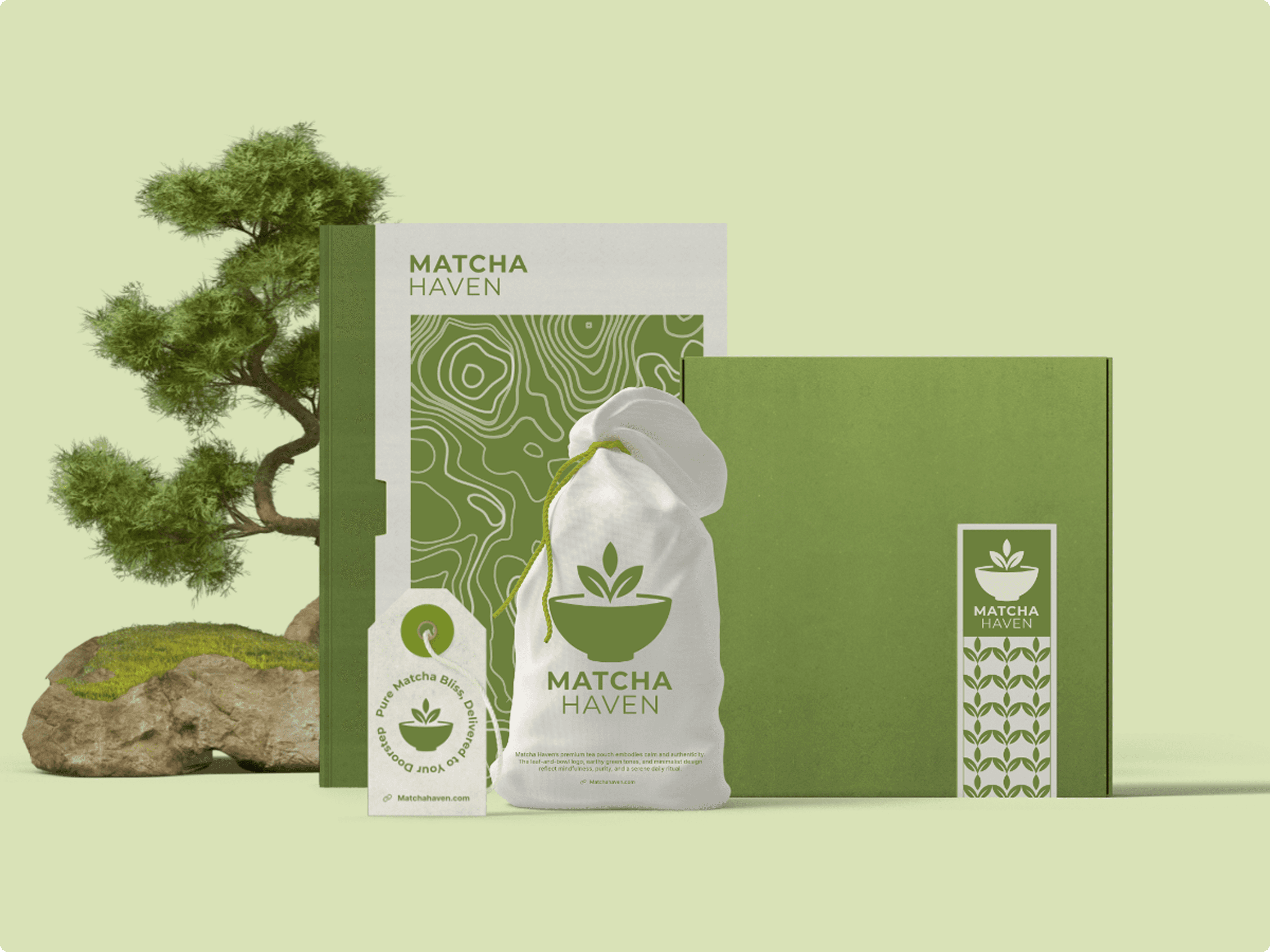 Matcha Haven brand concept packaging with botanical illustration and product box design