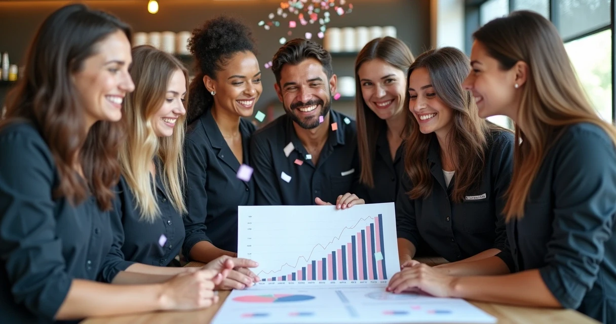 Equipe de salão celebrando gráficos positivos. 