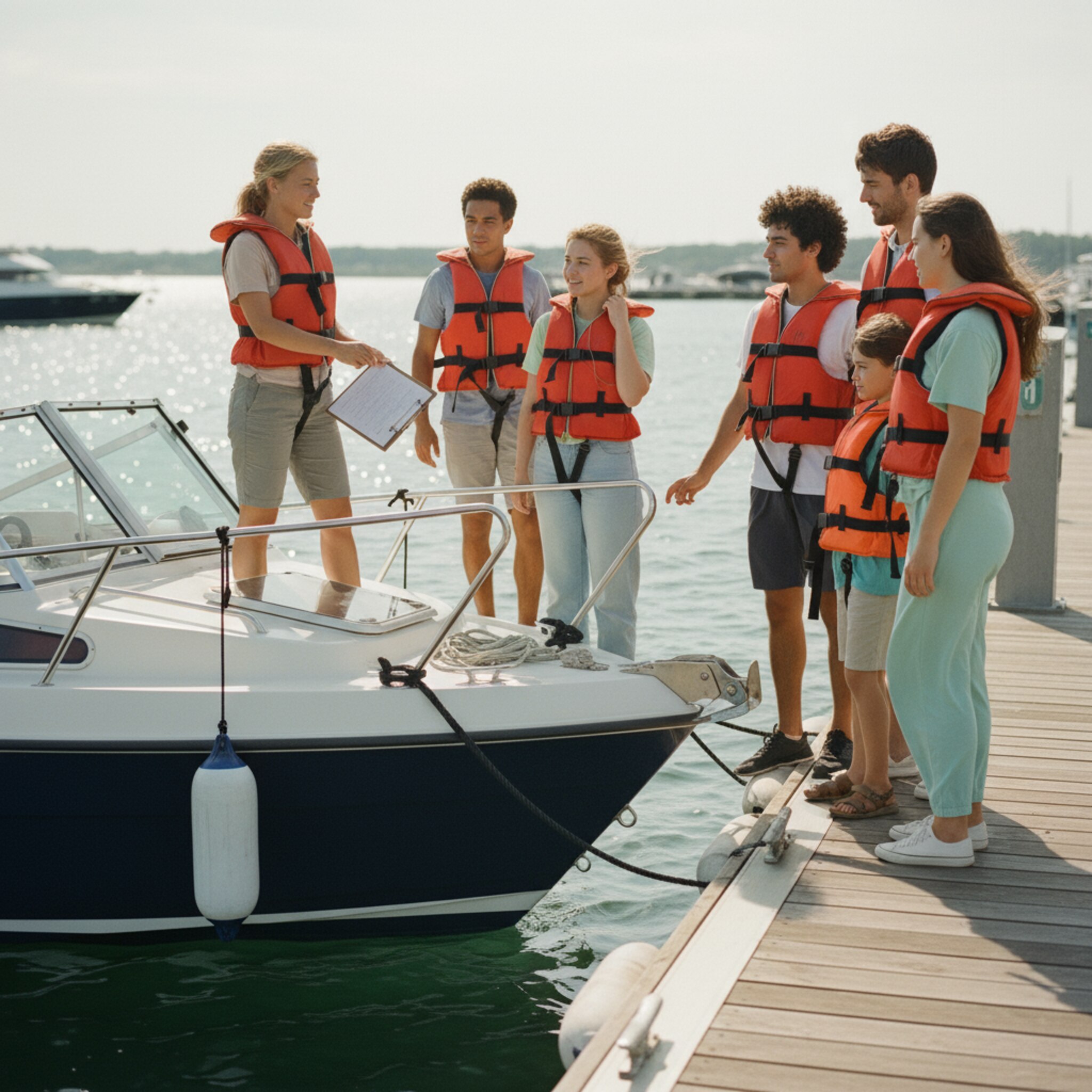 Am Steg formiert sich eine kleine Gruppe in Schwimmwesten, die Sonne steht hoch. Eine Mitarbeiterin zählt ruhig die Personen ab und erklärt kurz die Sicherheitsleine am Bug. Neben ihr liegt ein Klemmbrett mit Übergabepapieren, auf dem Boot leuchten sauber polierte Instrumente ohne in den Vordergrund zu rücken.