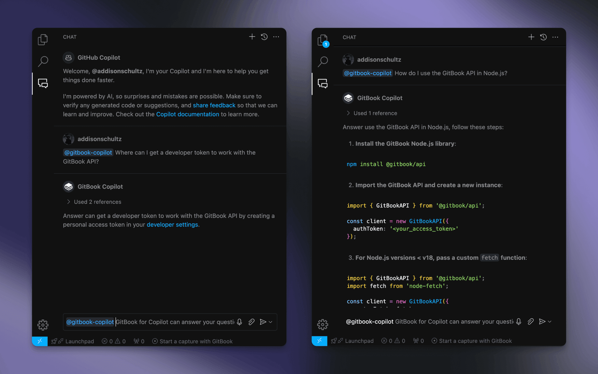 Two dark-mode screenshots of the GitBook Extension for Copilot being used in VS Code