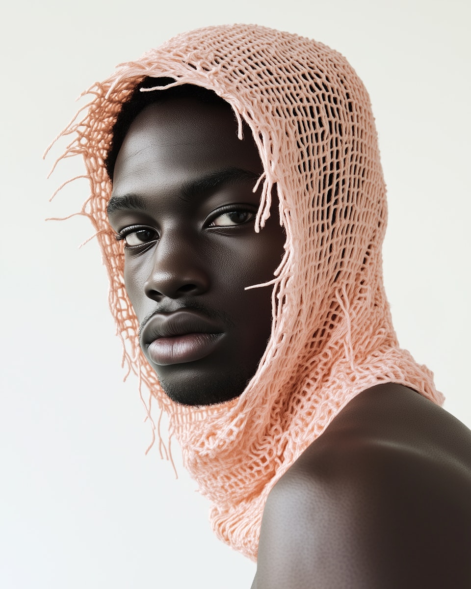 Portrait of a black man in pastel pink knitwear, showcasing fashion-forward identity and uniqueness in Orbitx Supply’s Frysta Framer Template.