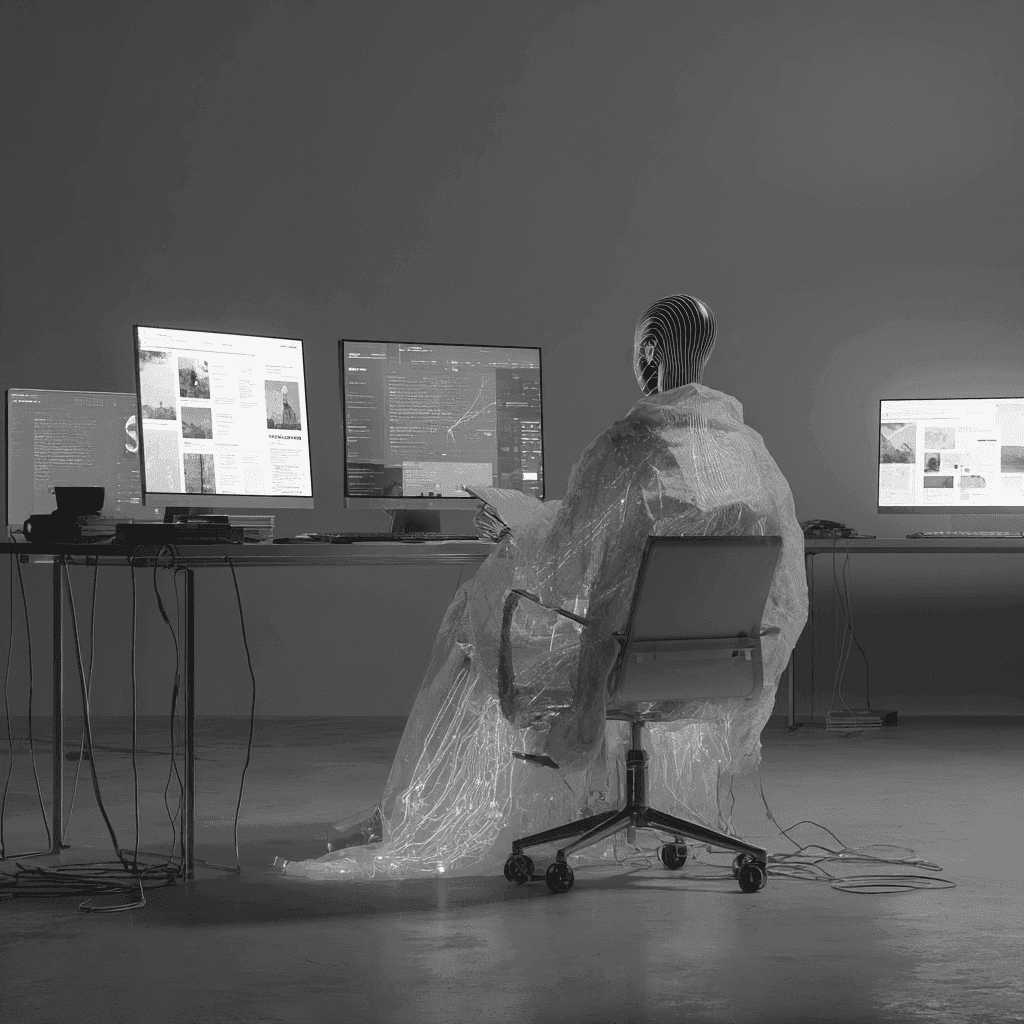 Portrait of a woman with long, smooth hair swept to the side, in a dark t-shirt, on a plain background.