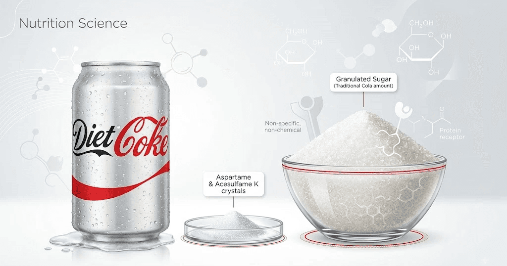 An informative infographic comparing Diet Coke sweetness to traditional sugar, featuring a condensation-covered Diet Coke can next to small piles of 'Aspartame & Acesulfame K crystals' and a large bowl of granulated sugar. Background visual of chemical structures and protein receptors.
