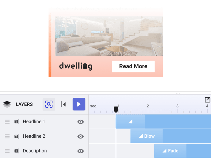 Banner animation timeline with motion controls for animated HTML5 banner ads.