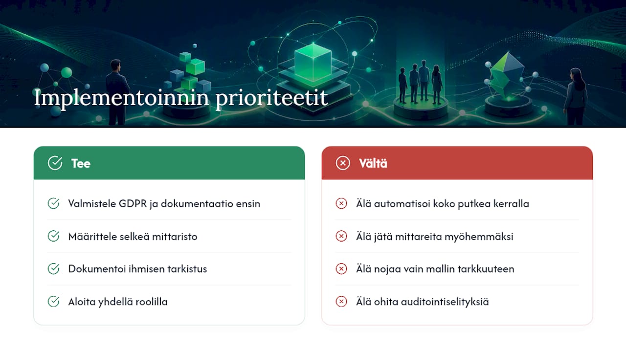 Editorial näkökulma: mihin implementoinnissa kannattaa panostaa ensin — overview diagram