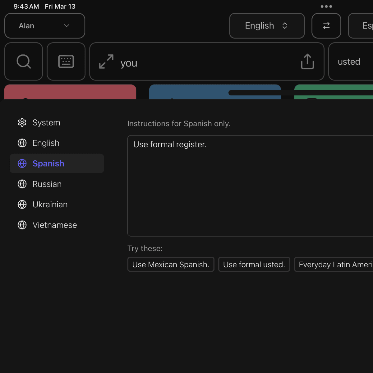 Custom prompt dialog for Translate mode showing tabs with "System" and various languages on left and custom prompt field on right.