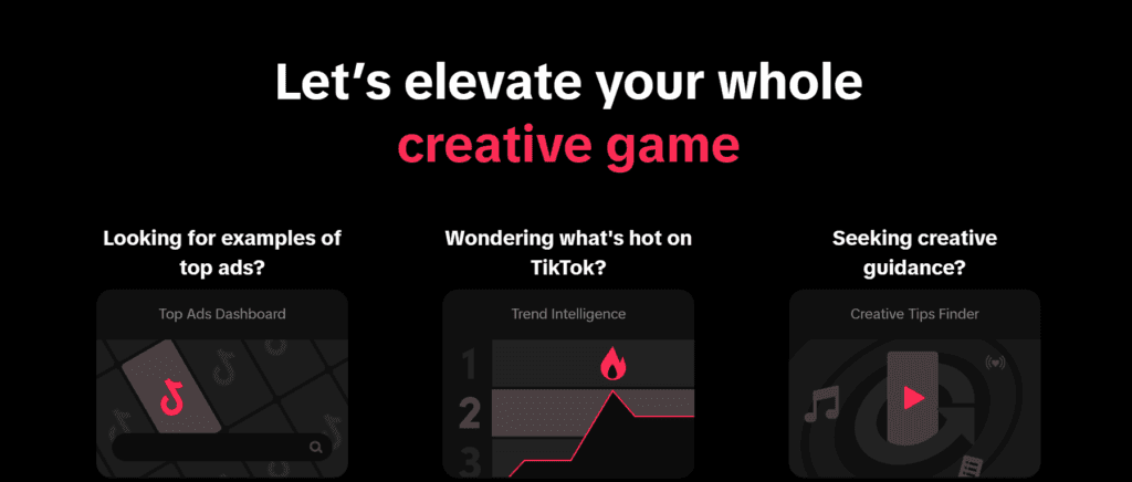 Screen showing TikTok's Creative Hub, with sections to see ad examples, trends, and creative guidance