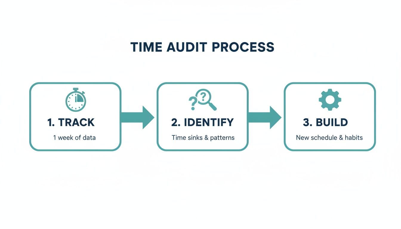 Flowchart illustrating the 3-step time audit process to improve productivity.
