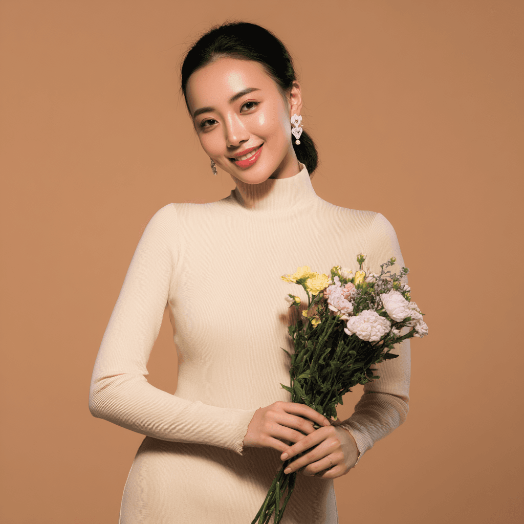 Chinese women with flowers standing portrait