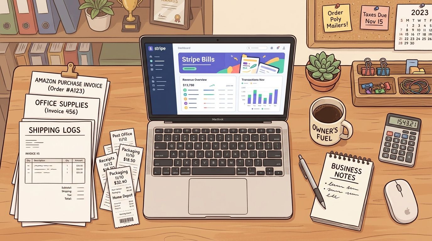 An overhead view of a desk featuring a laptop, receipts, documents, calculator, and business supplies.
