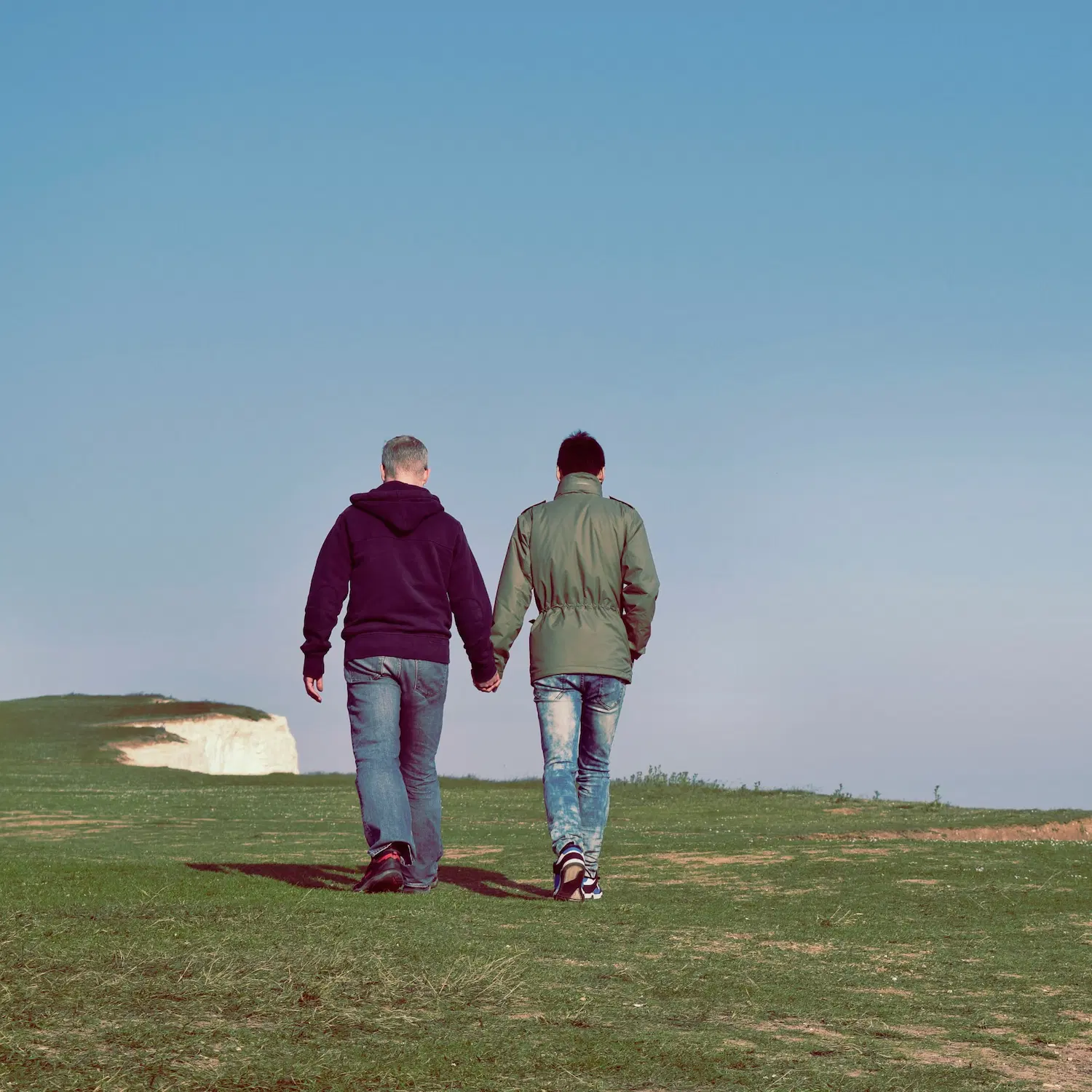 Two men holding hands on a grassy hilltop, symbolizing support, connection, and gay-affirmative therapy in NYC.