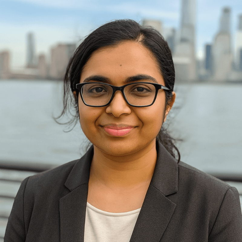 A smiling person wearing glasses and a blazer stands in front of a body of water with a city skyline in the background.