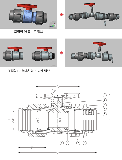 PE유니온 밸브(조립형) 제품 도면 A