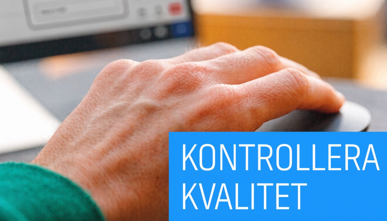 En person som arbetar vid en dator med fokus på att kontrollera kvalitet och granska dokument.