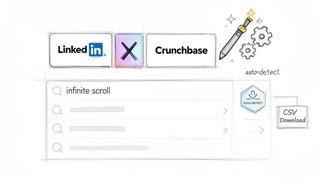 Illustration of a web scraper showing LinkedIn, X, Crunchbase, auto-detection, infinite scroll, and CSV download options.