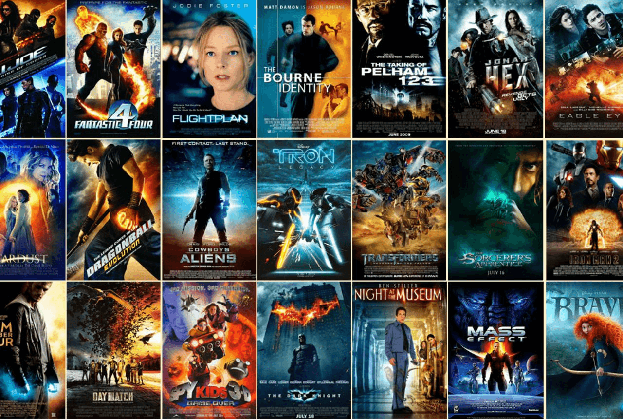 A collage of movie posters prominently featuring the colors orange and blue.
