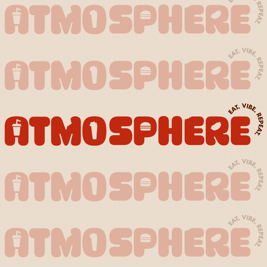 Five rows of the "ATMOSPHERE" wordmark on cream, the middle one in red with "Eat. Vibe. Repeat." and the rest in faded pink.