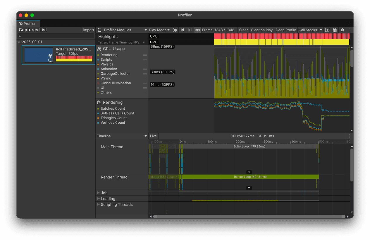 Unity Profiler capture with CPU usage, rendering statistics and thread timeline