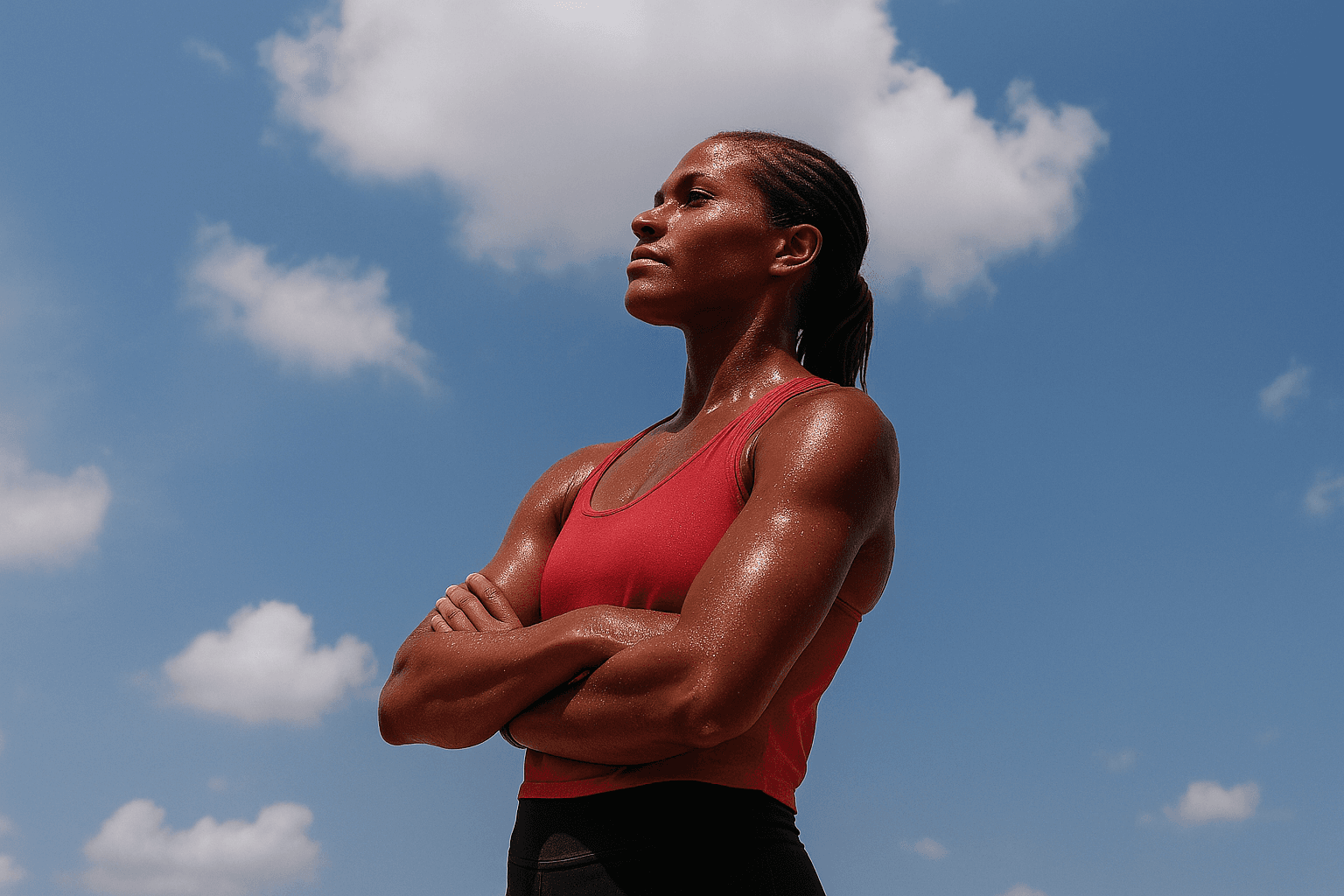 Confident female athlete in a red tank top, arms crossed, looking up at the sky under bright sun and scattered clouds.