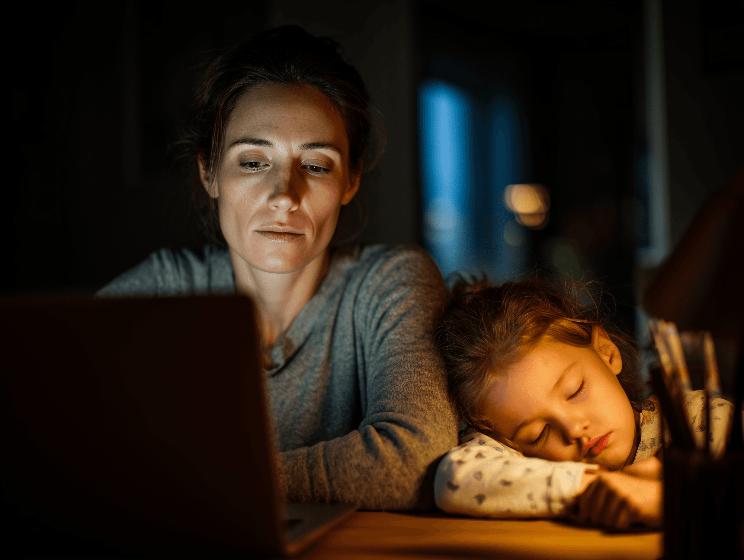 Tired mother working on a laptop at night while her young daughter sleeps beside her