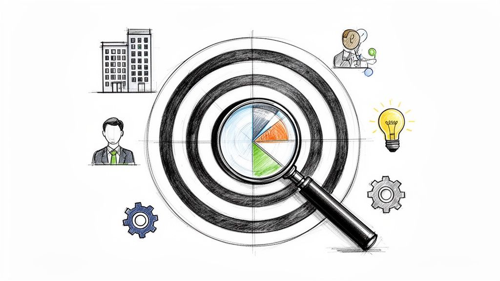A hand-drawn sketch showing a target with a magnifying glass over a pie chart, surrounded by business icons.