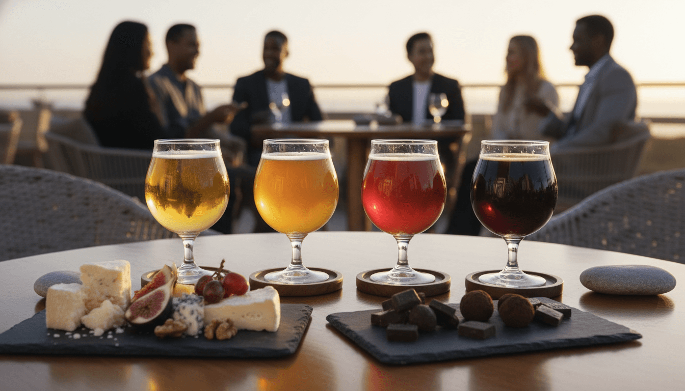 flights of various beer and assorted charcuterie with a group of people in the background