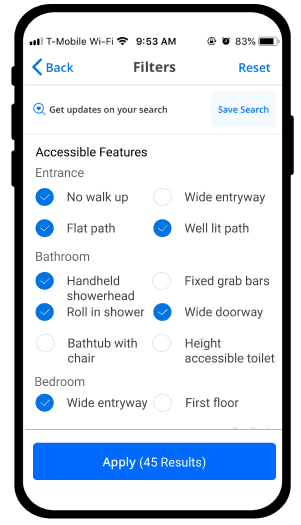 A new proposed page of Zillow's search features that allows the user to search by specific accessible feature.