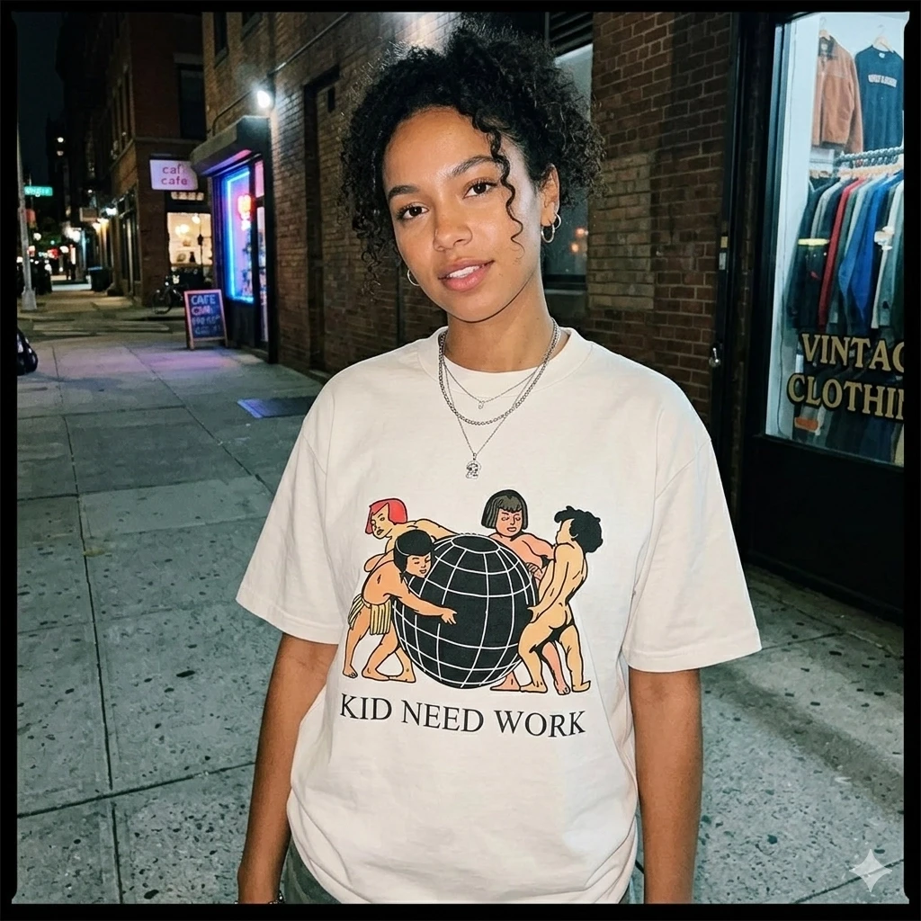 Female model wearing the graphich tee with text 'Kid Need Work'.