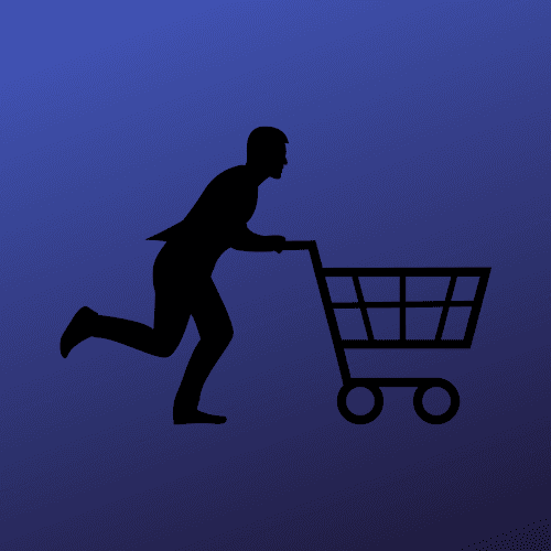 Asiakas juoksemassa ostoskärryjen kanssa