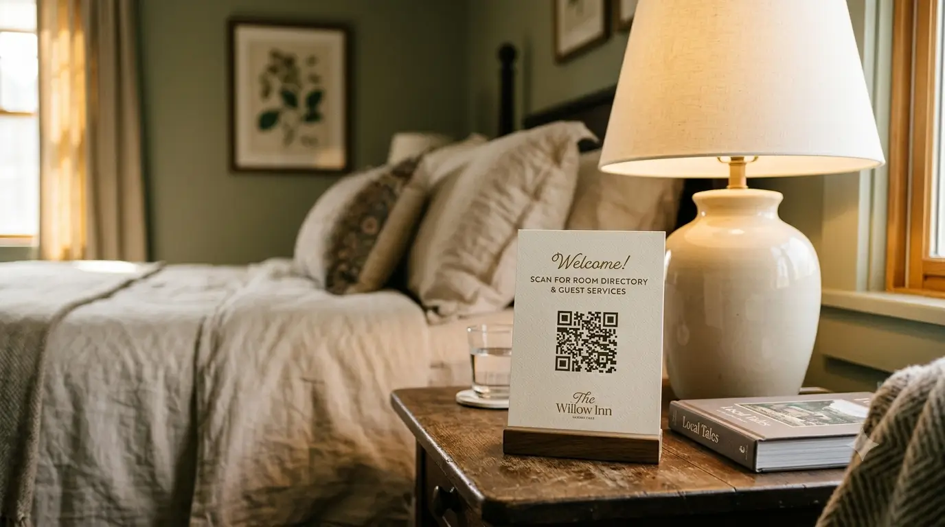 QR code card on a hotel nightstand linking to the digital guest directory.