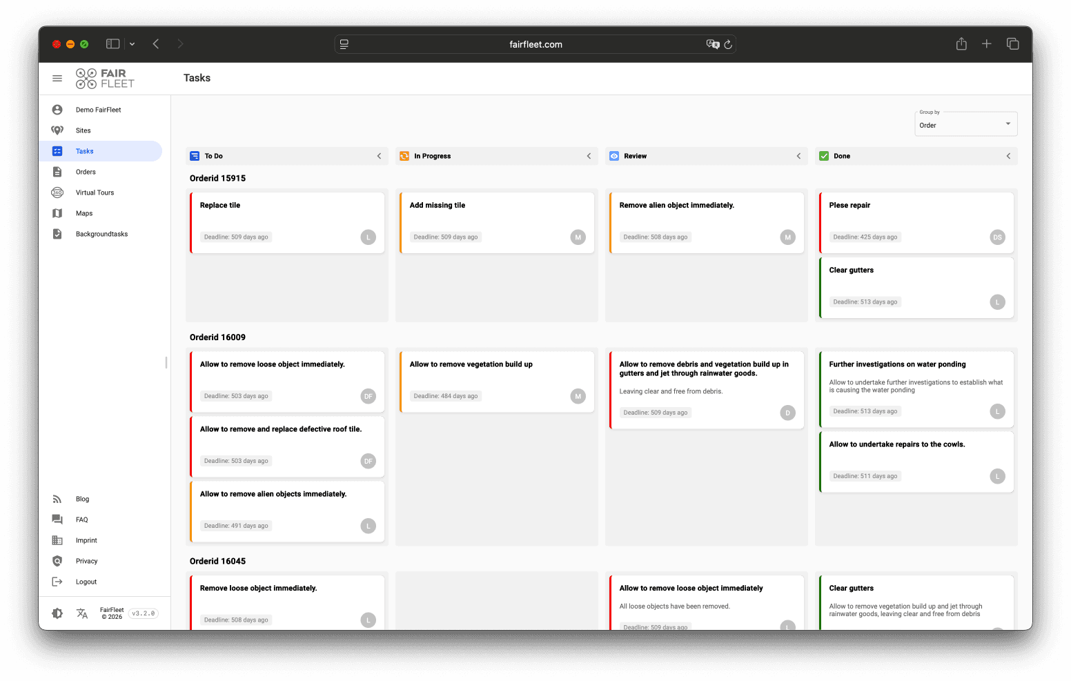 Screenshot of Task Management workflow on FairFleet platform