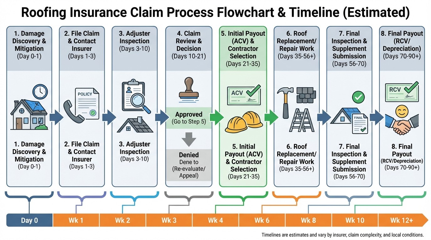 Insurance hail damage roof claim process showing 10 steps from filing to completion