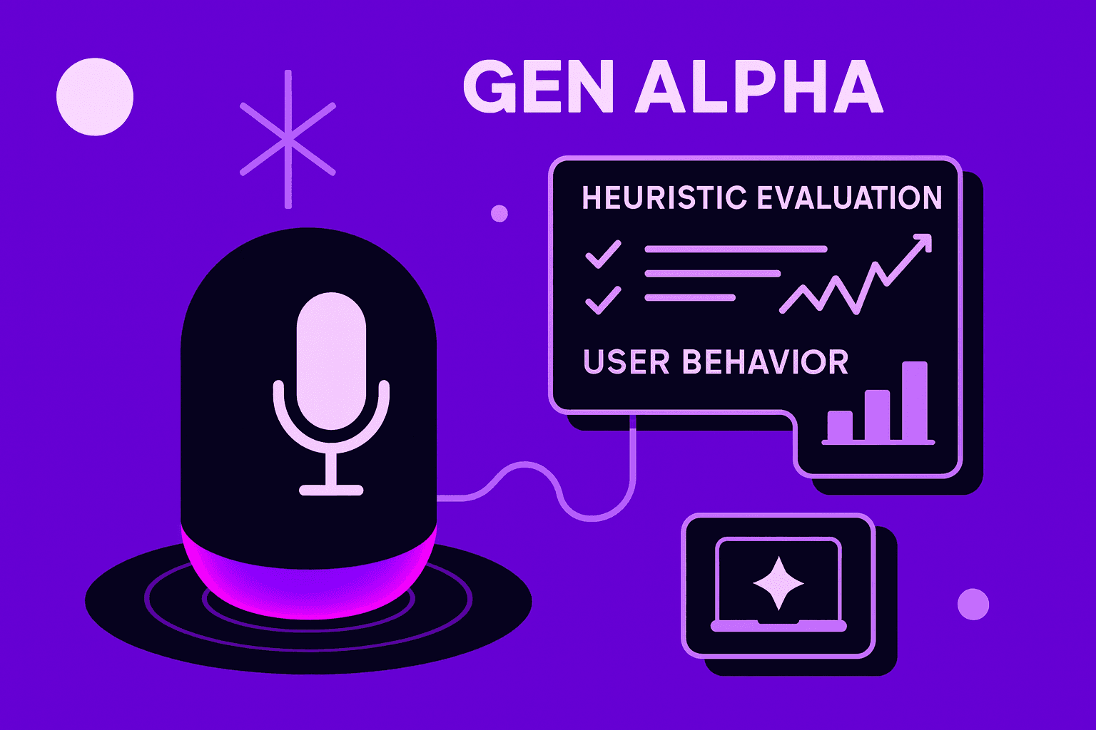 Voice-activated Gen Alpha device interface with usability testing overlays and heuristic evaluation indicators
