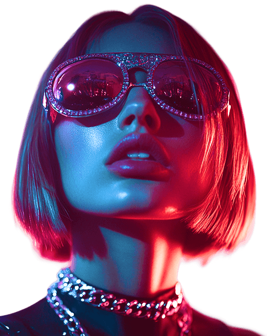 A stylized portrait of a young women with short hair, wearing sunglasses, illuminated by vibrant blue and pink  lights.