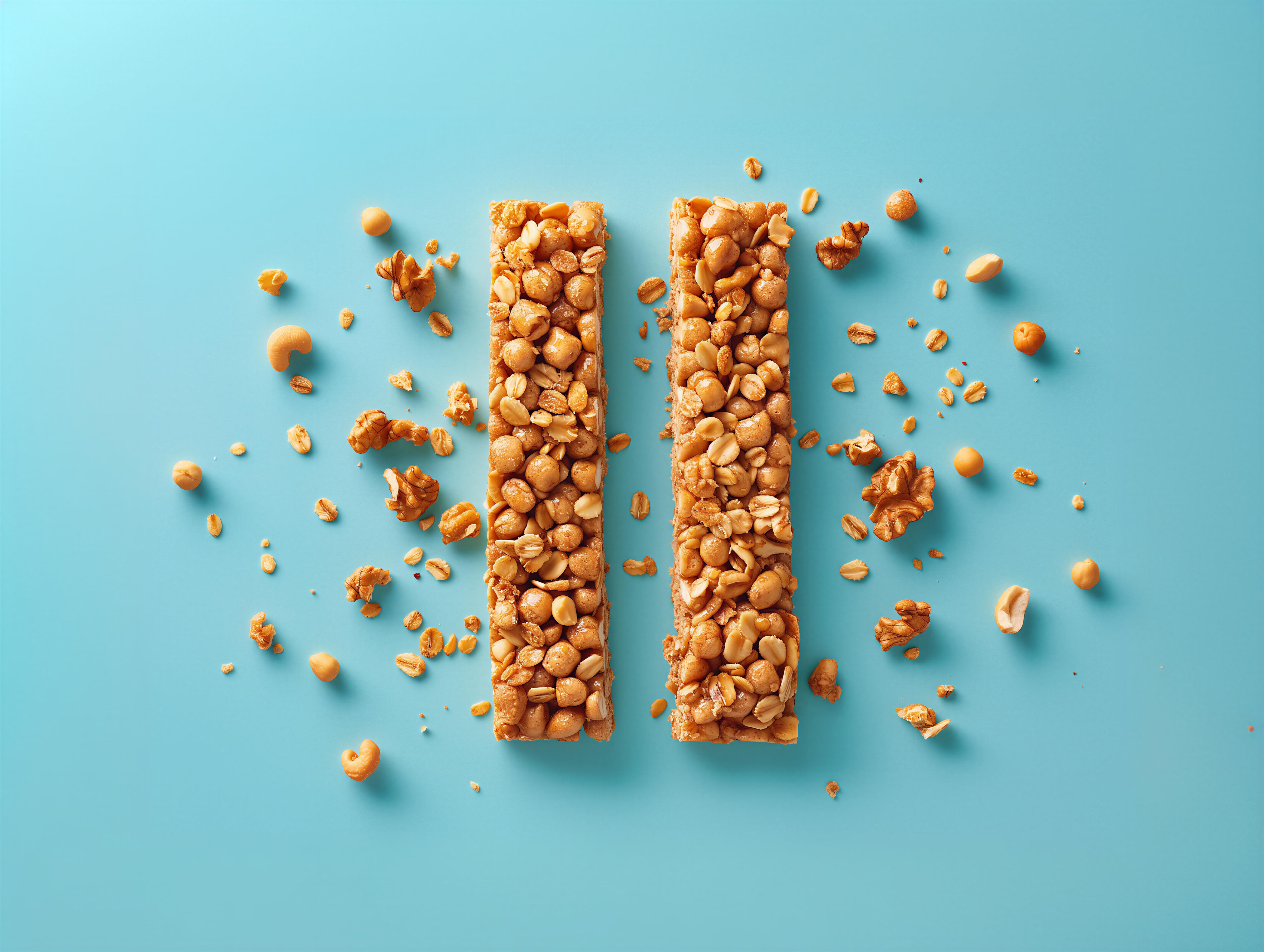 Two granola bars with nuts and oats arranged on a vibrant teal background, with scattered pieces around them.