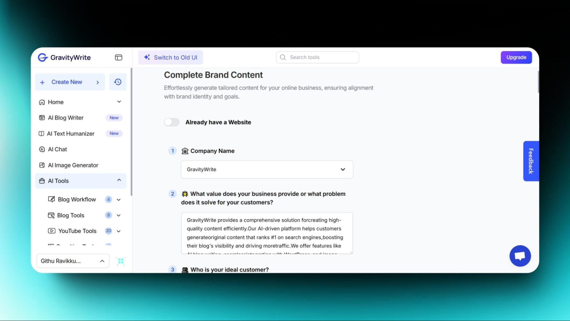 Screenshot of GravityWrite UI showing content tools like AI Blog Writer, Image Generator, and Homepage Copy editor with text input.