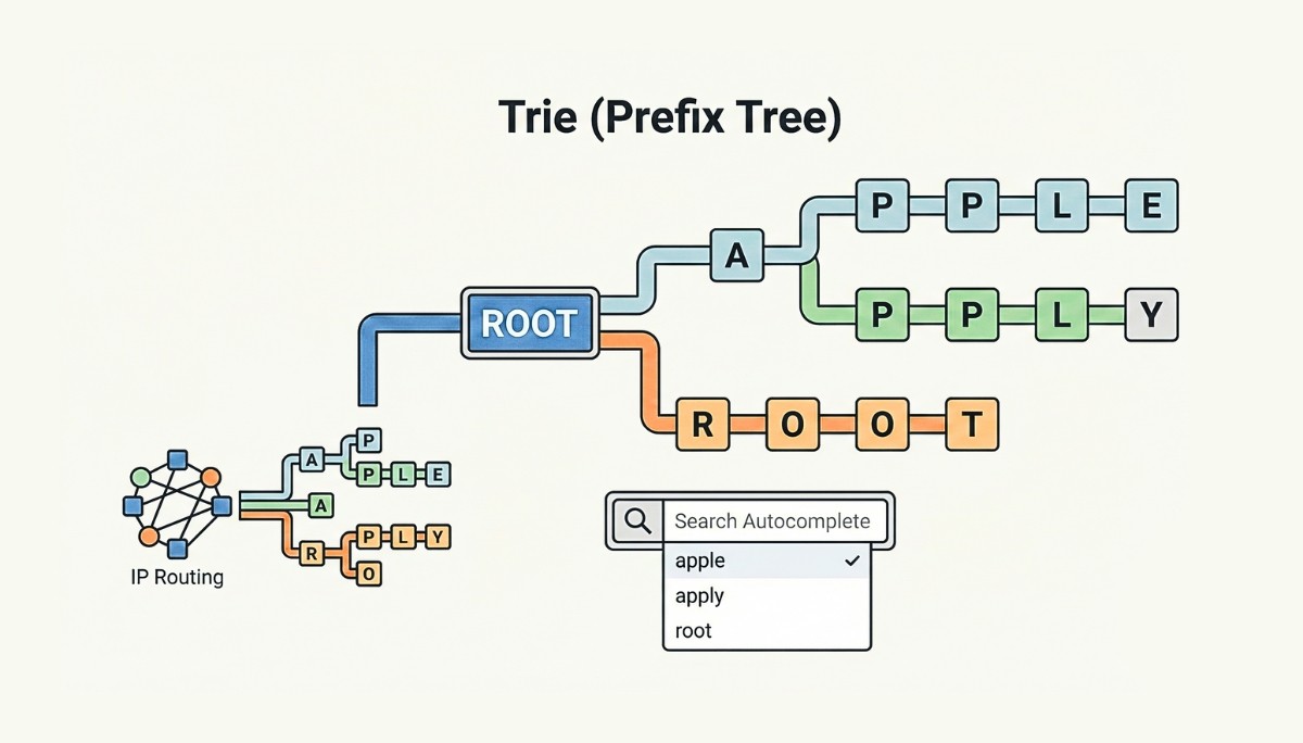 Illustration of a Trie (Prefix Tree) showing branching paths for the words "apple," "apply," and "root," with shared prefixes grouped together.