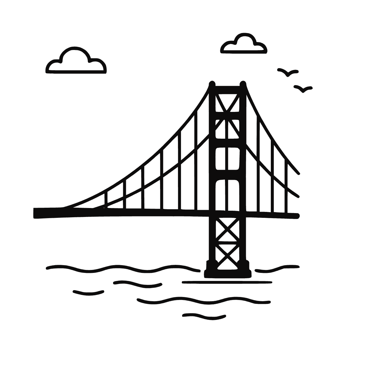 Ilustração icônica de uma ponte suspensa com torres altas e cabos sobre água ondulante, acompanhada por nuvens e pássaros no céu.