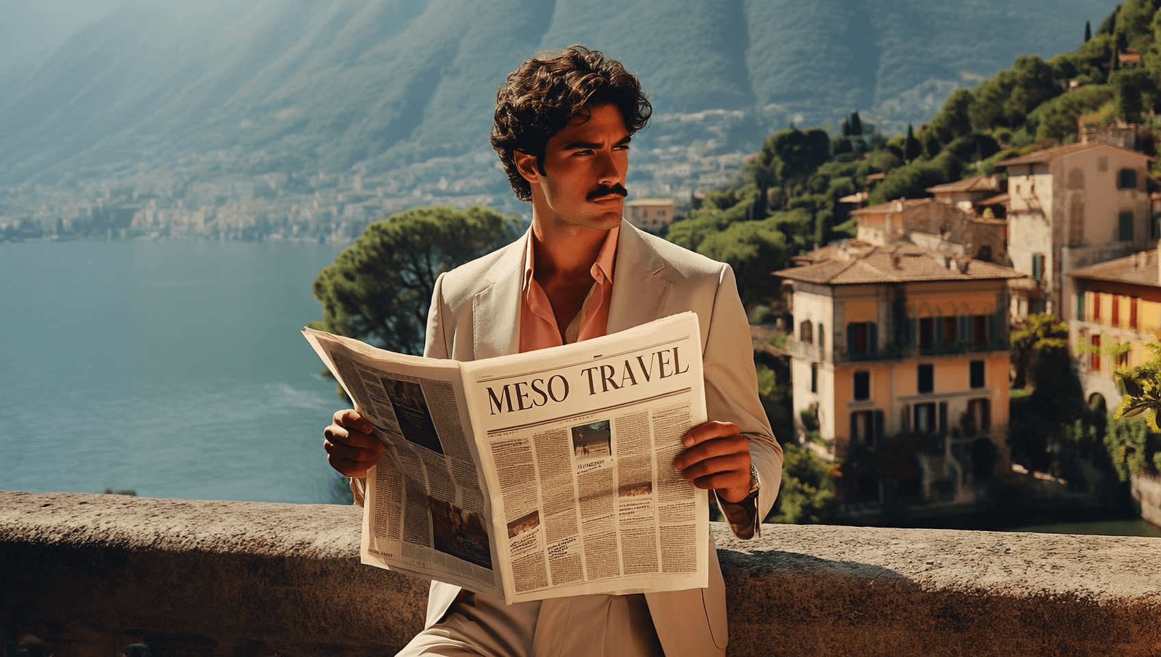 man holding meso travel magazine