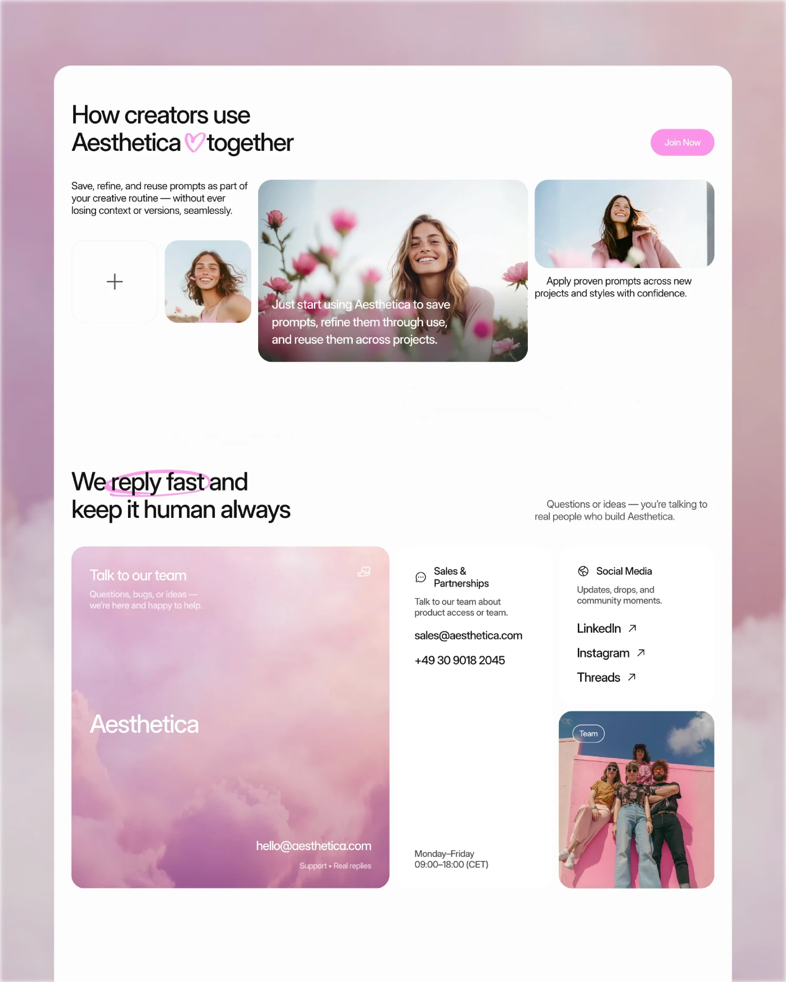 Aesthetica usage section and human-tone contact area, soft pink layout — web design by Luna UI design studio