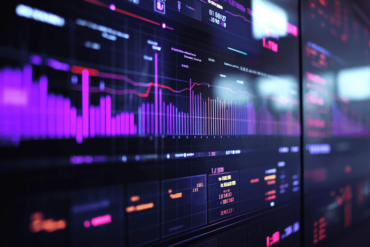 Close-up of digital screens displaying vibrant graphs and charts with purple and red lines, depicting financial or data analysis in a high-tech setting.