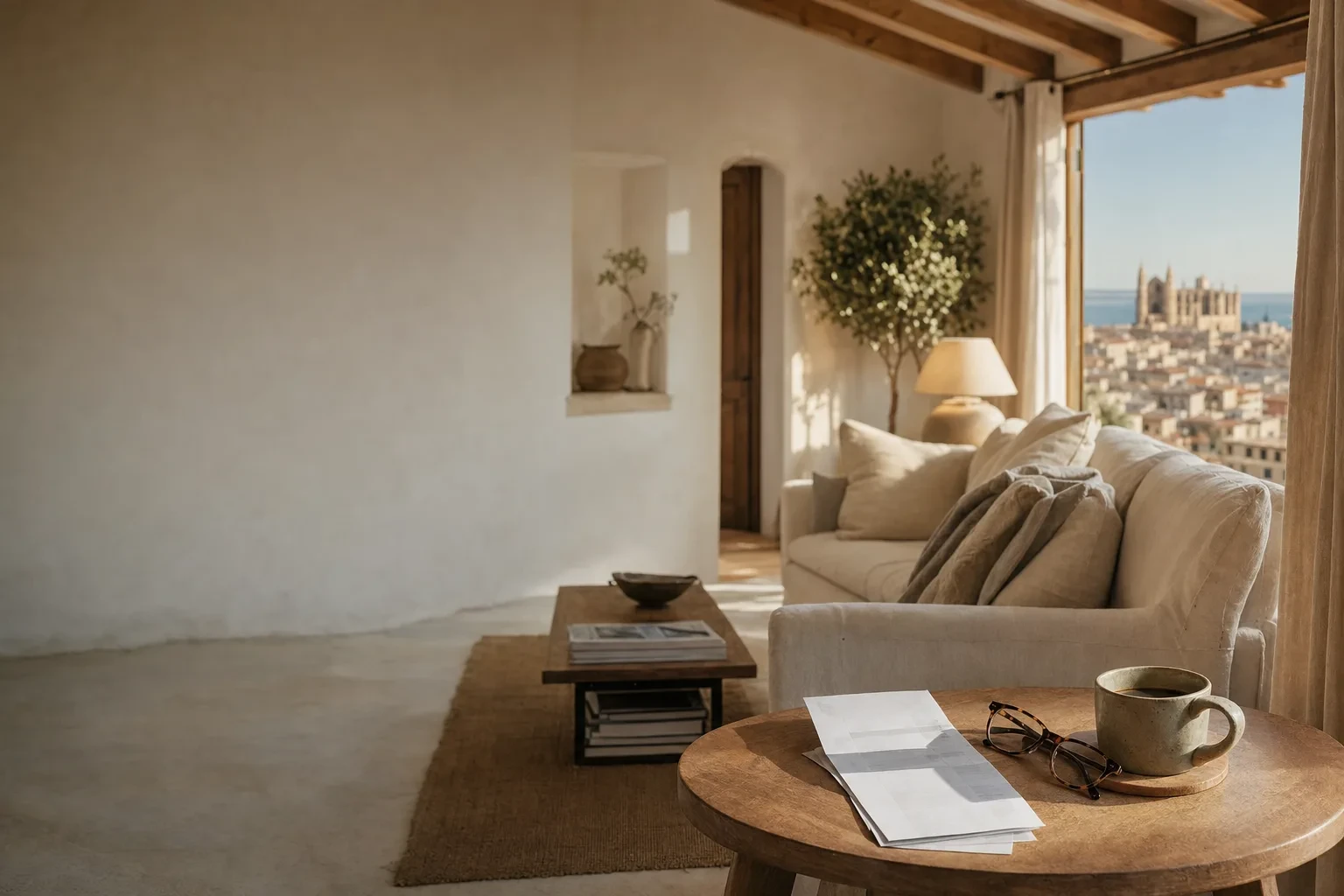 Salón de una vivienda en Palma con una factura de luz sobre la mesa: ahorro en la factura de luz en Palma