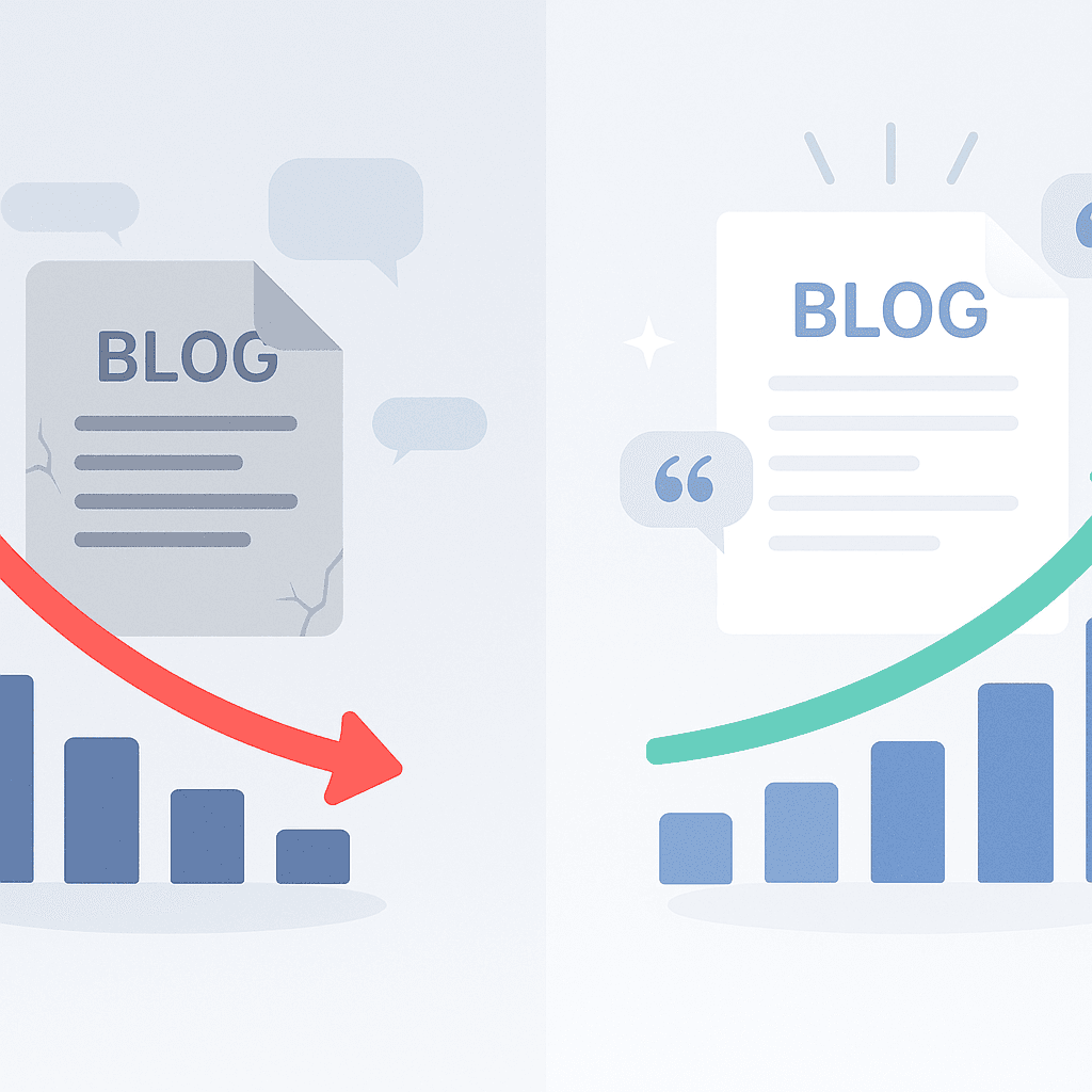 Split-screen diagram contrasting falling metrics for stale content with rising metrics for AI-refreshed content