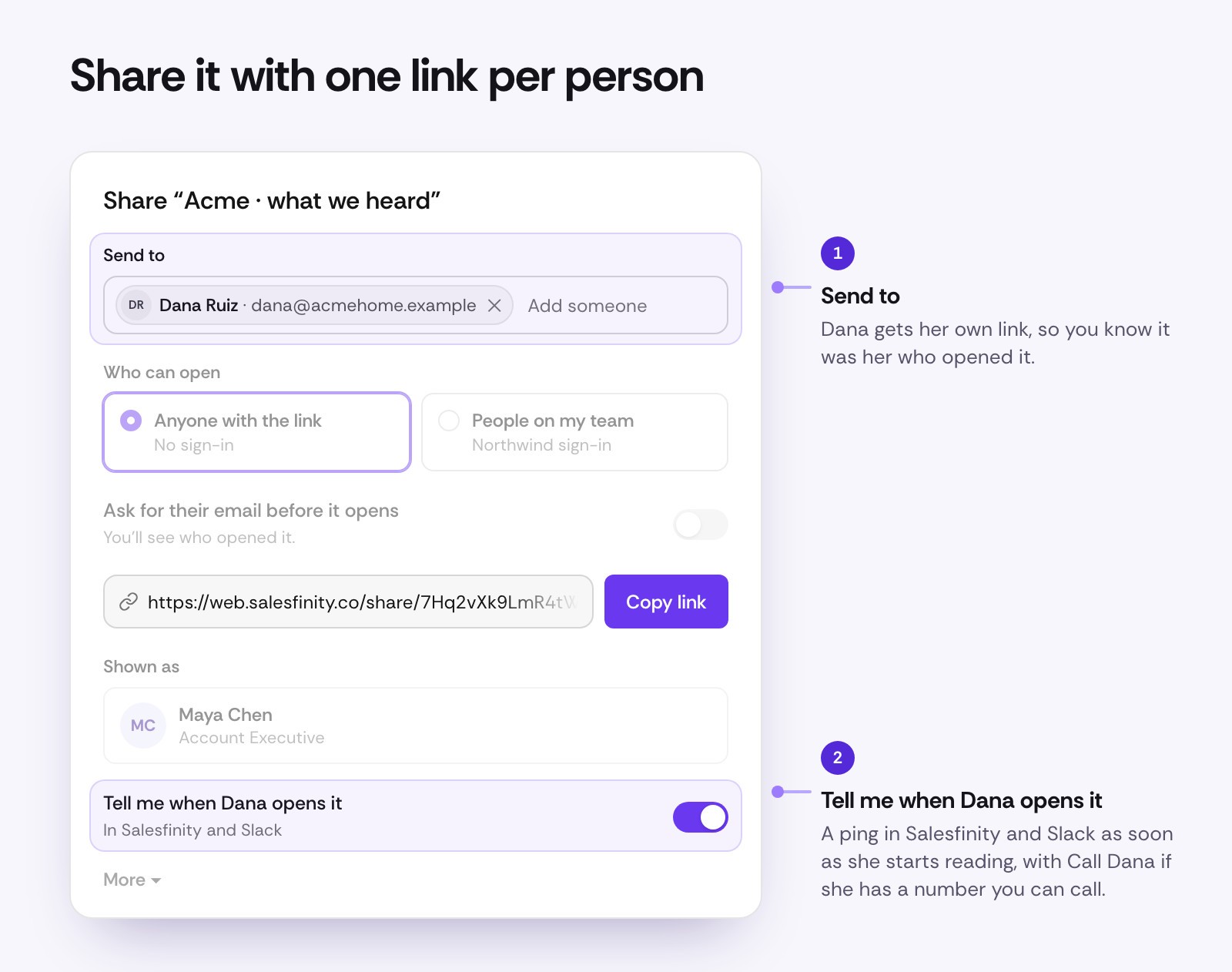 The share dialog for "Acme · what we heard" with Dana Ruiz under Send to, her own link, and Tell me when Dana opens it switched on, in Salesfinity and Slack.